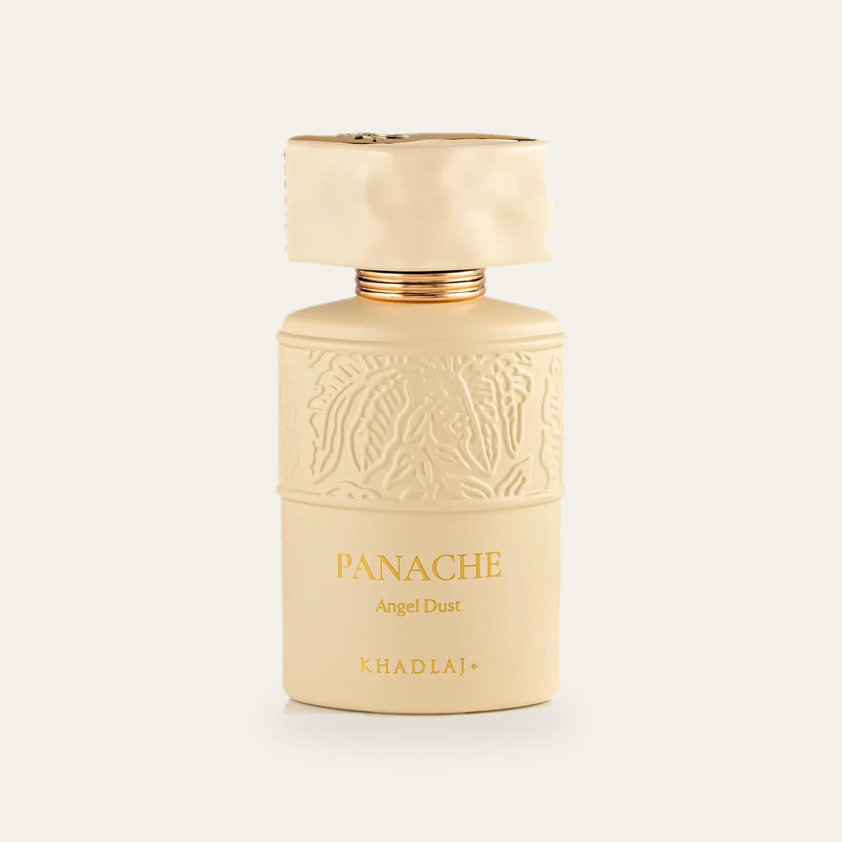 Panache Angel Dust by Khadlaj 100ml bottle, sweet vanilla gourmand fragrance, on bone background